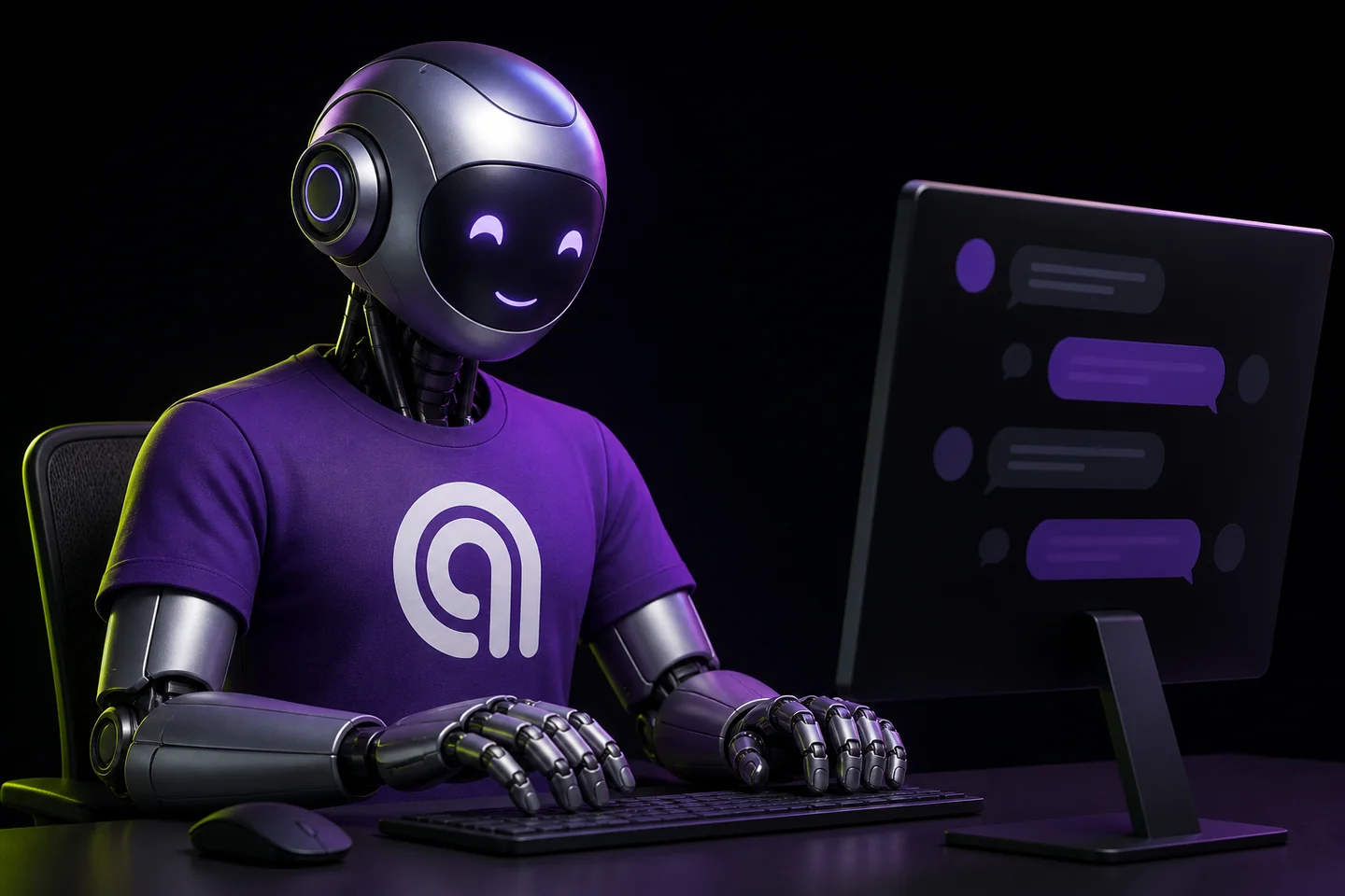 Ilustração 3D de um robô ao computador, com camiseta roxa e a marca da Agilize, representando um chatbot de atendimento.